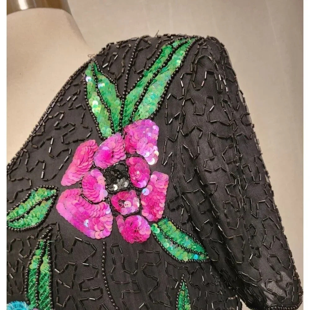 Womens 90s Vintage Stenay Fully Sequin Beaded‎ Blouse Size Small Flowers Black - Picture 2 of 8